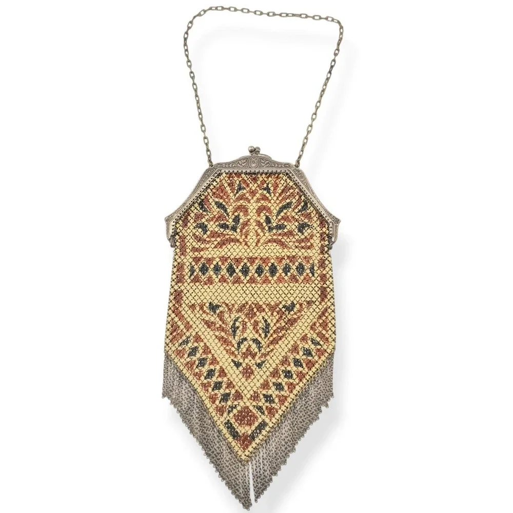 Antique Mandalian Art Deco Enamel Mesh Flapper Purse Red Black Yellow Beige 20s